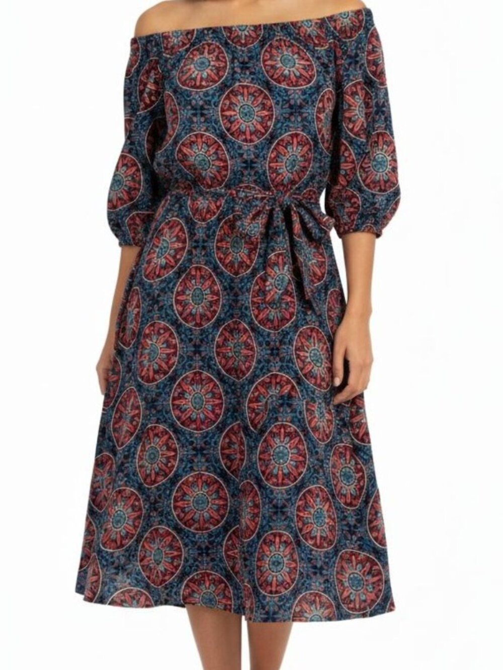 Bobeau Bohemian Off-the-Shoulder Midi Dress Medallion Print | Size L